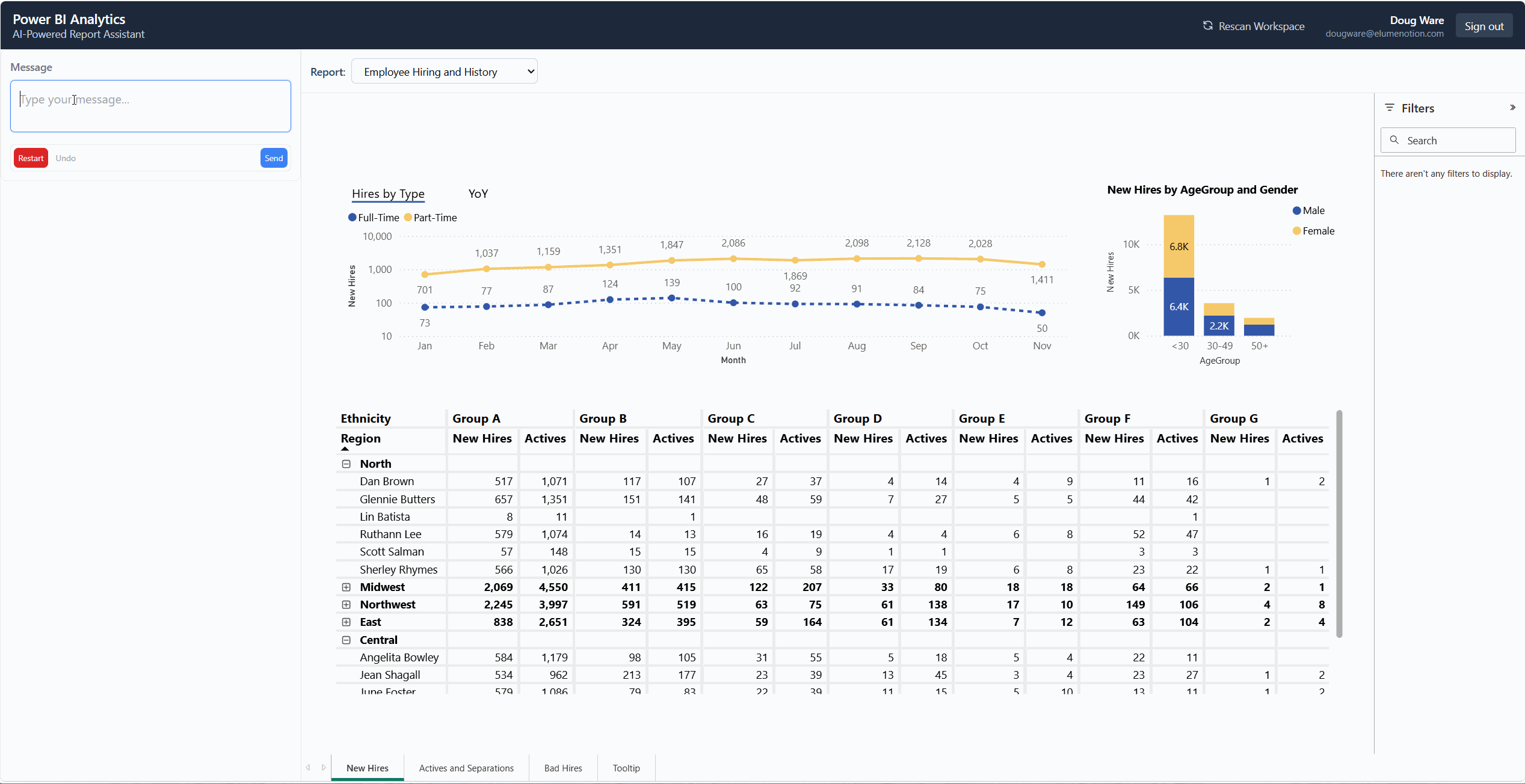 Demo showing a published guide embedded in a Power BI application, using client-side tool calling to navigate reports and apply filters based on natural language questions